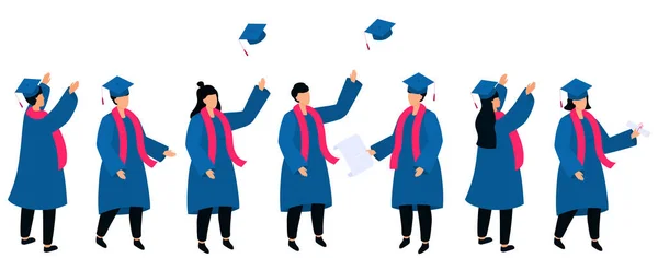 Conjunto de estudantes isométricos em vestidos de graduação e placas de argamassa possuem diploma. Classe de 2021 —  Vetores de Stock