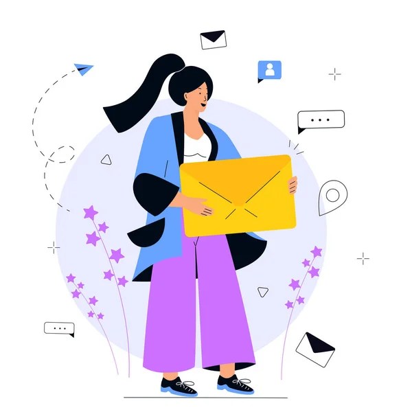 Kızın elinde kocaman bir zarf var. E-posta pazarlama konsepti. Reklam medyası, tüketicileri hedef alma, insanları davet etme, bildirimler, teklifler. — Stok Vektör