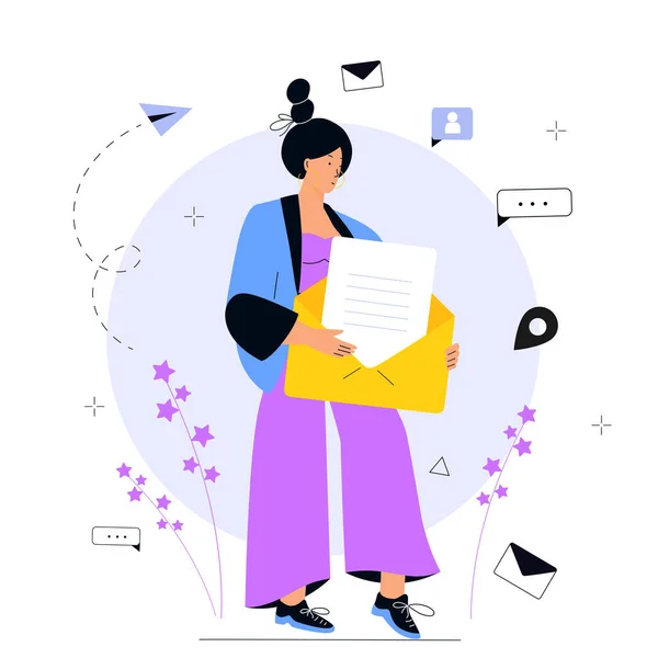 Girl holds huge open envelope with letter inside. E-mail marketing concept. Advertising media, target consumers, invite people, notifications, offers. — Stok Vektör