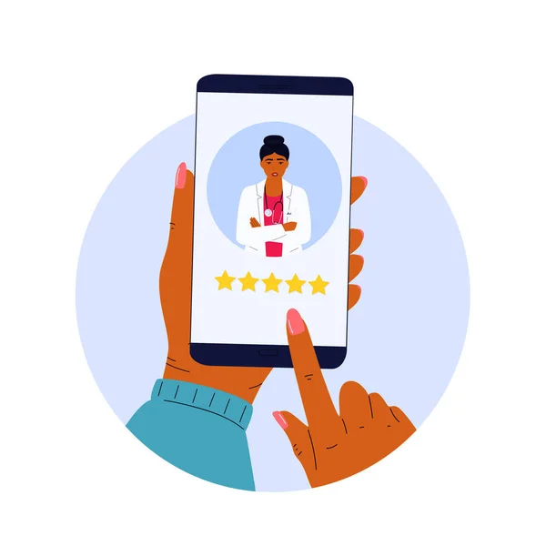 A satisfied patient leaves a good review to the Indian doctor using the mobile application. Hand rates five stars. Customer feedback online. Rating flat concept — Stock Vector