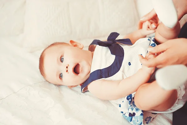 Beautiful Little Baby Girl Lies Light Carpet Mom Happy Mother — Stock Photo, Image