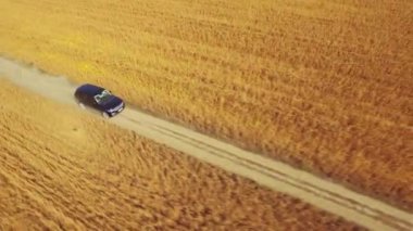 araba buğday tarlasında sürüyor.