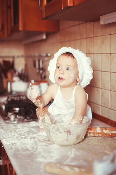 Little Boy Cook Play Dough Table Apron Chef Hat Idea — Stock Photo, Image