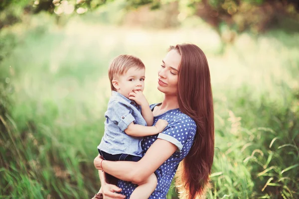 Loving Mother Holding Son Her Arms Plays Him Hugs Him — Stock Photo, Image