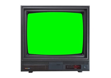 Ekrana yeni görüntüler eklemek için siyah klasik yeşil ekran TV. Beyaz arkaplanda izole.