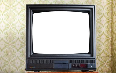 Antika ahşap dolapta beyaz ekranlı antika televizyon, 80 'ler ve 90' ların tarzında klasik tasarım..