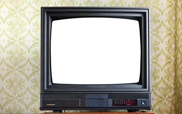 Antiker Fernseher Mit Weißem Bildschirm Auf Antikem Holzschrank Vintage Design — Stockfoto
