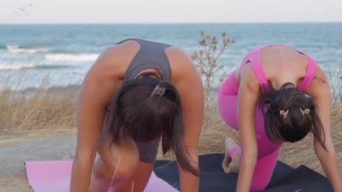 Aktif giysili kadınlar okyanus kenarındaki pembe paspaslar üzerinde yoga egzersizleri yapıyorlar. Etrafı kuru çimenler ve mavi gökyüzüyle çevrili. Sahne sağlık, açık hava sporu ve huzurlu bir yaşam tarzını yansıtıyor.