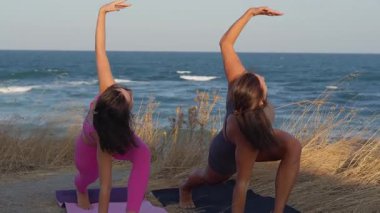 Aktif giyimli kadınlar kıyı şeridi yakınlarındaki minderlerde yoga seansına katılarak esneklik ve farkındalığa odaklanıyorlar. Huzurlu deniz manzarası ve altın otlar sakin atmosferi güçlendirir.