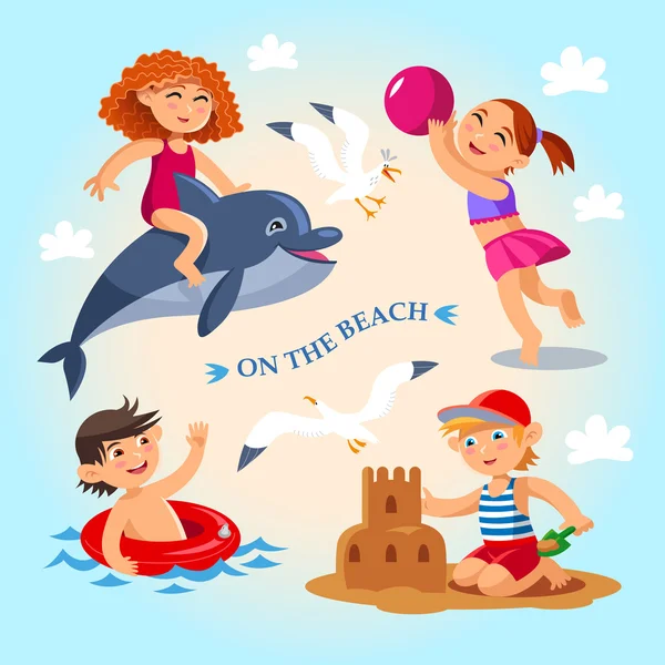 Activités de plein air pour enfants en été sur la plage . — Image vectorielle