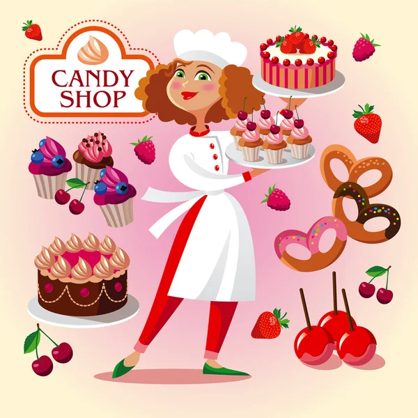 Pastry cook girl in the pastry shop. — Stock Vector