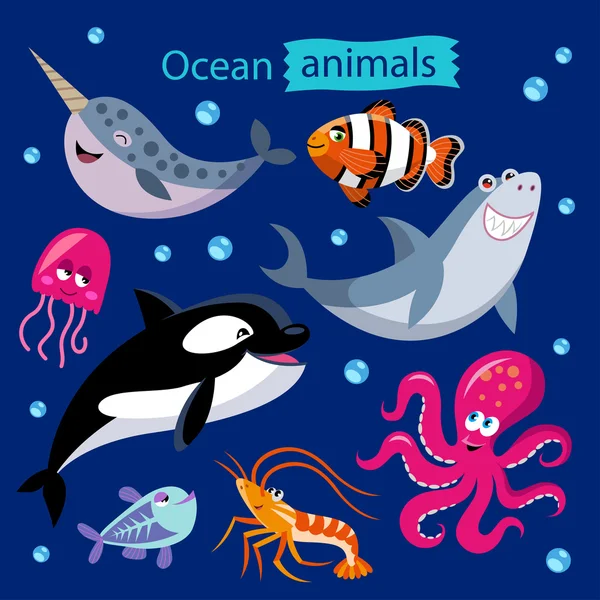 Διάνυσμα σετ κινουμένων σχεδίων στον ωκεανό ζώα σε σκούρο φόντο. — Διανυσματικό Αρχείο