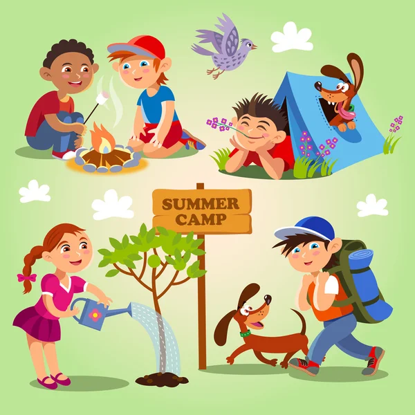Θερινή κατασκήνωση. Άνοιξη και το καλοκαίρι του παιδιού υπαίθριες δραστηριότητες. — Διανυσματικό Αρχείο