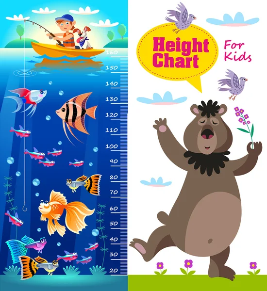 Kids height chart with cartoon fishes and bear. — Stock Vector