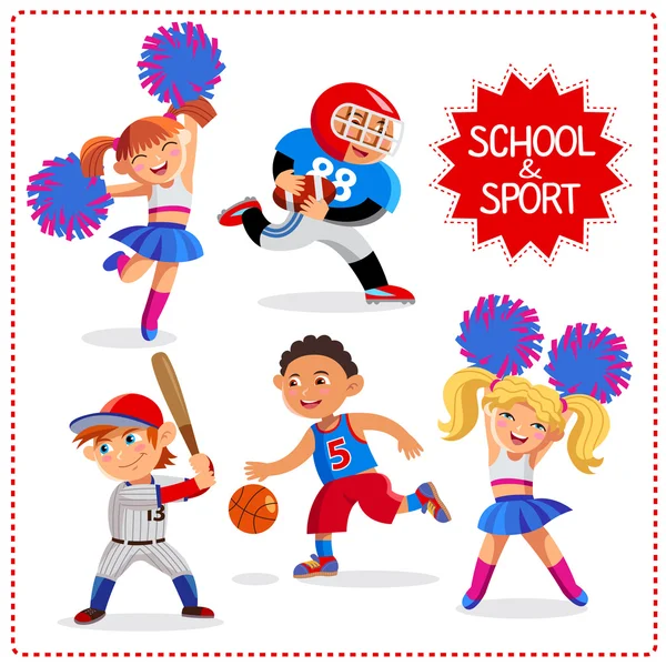 Σχολικός χρόνος. Χαρούμενα αγόρια και κορίτσια. Αθλητισμός για τα παιδιά, συμπεριλαμβανομένου του μπάσκετ, μπέιζμπολ, Αμερικάνικο ποδόσφαιρο και μαζορέτες. — Διανυσματικό Αρχείο