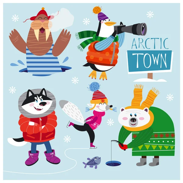 Conjunto vectorial de lindos animales árticos y polares: morsa, pingüino, husky, zorro ártico y oso polar . — Archivo Imágenes Vectoriales
