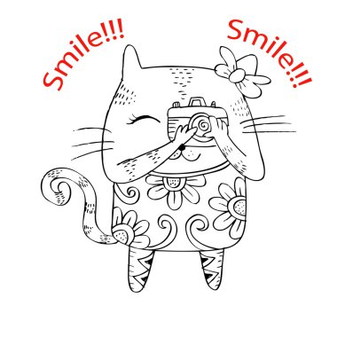 Şirin kedi ile a fotoğraf makinesi. Karikatür tarzı.