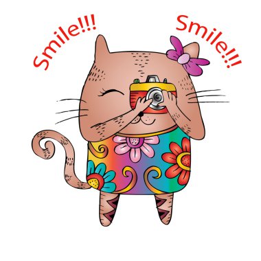 Şirin kedi ile a fotoğraf makinesi. Karikatür tarzı.