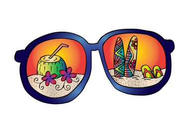 Yaz plaj, güneş gözlüklü. El çizim şekil.