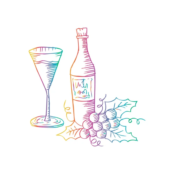 Μπουκάλι, το γυαλί και το σταφύλι. Σχηματικό στυλ. — Φωτογραφία Αρχείου