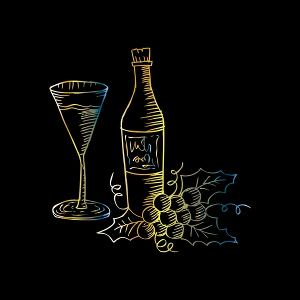 ボトル、グラス、ブドウ。スケッチ風のスタイル. — ストック写真