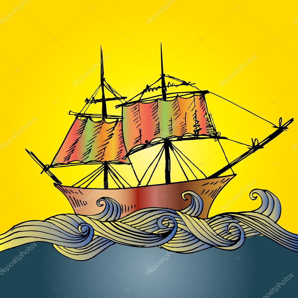 Barca A Vela Illustrazione Di Disegno A Mano Foto Stock