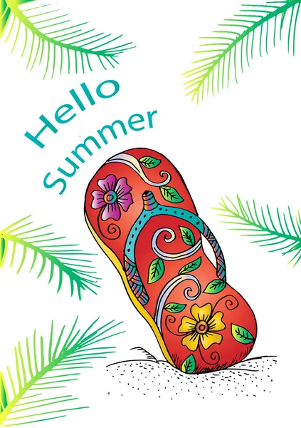 Sommar affisch, bokstäver, freehand ritning, grenar av palmer, sandaler på stranden. — Stockfoto