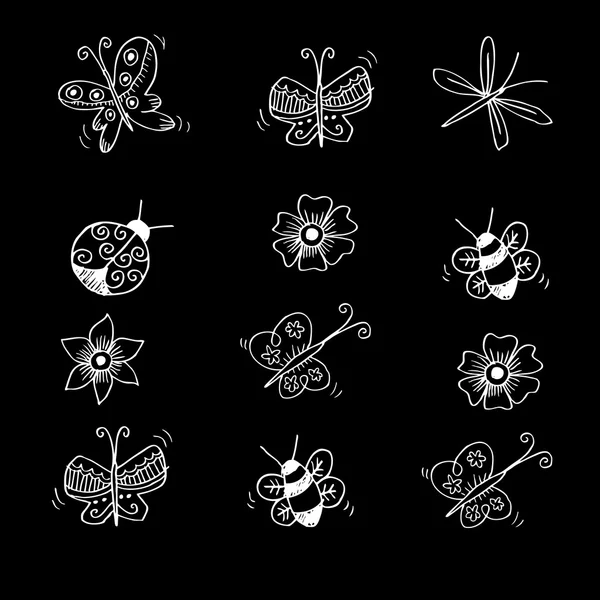 Blume, Schmetterling und Insekt. Skizzenhafter Stil. — Stockfoto