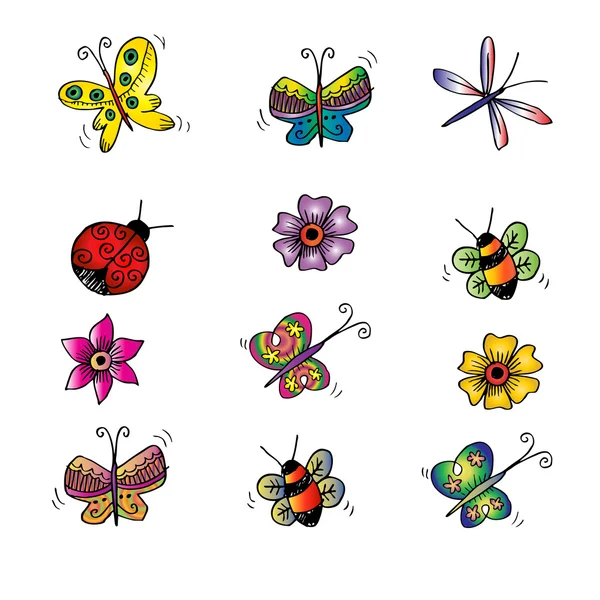 꽃, 나비 및 곤충입니다. 스케치 스타일. — 스톡 사진