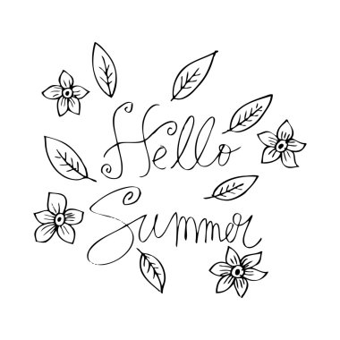 Merhaba yaz. Çizilmiş dekoratif çiçek öğeleri el anneler günü, doğum günü, düğün için. Karalamalar, kroki. 