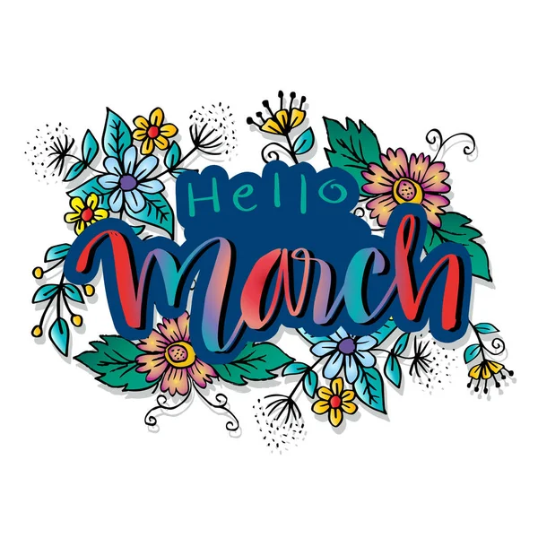 Hello March Hand Drawn Lettering Greeting Card — Stock Vector