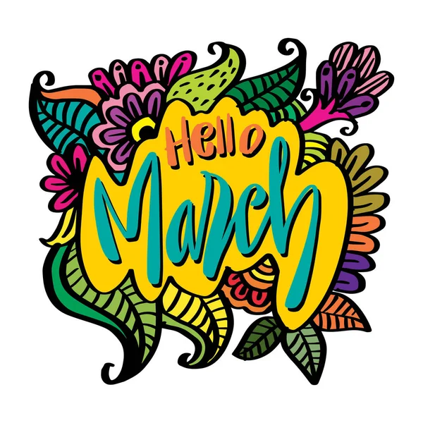 Hello March Hand Drawn Lettering Greeting Card — Stock Vector