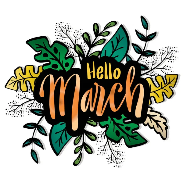 Hello March Hand Drawn Lettering Greeting Card — Stock Vector