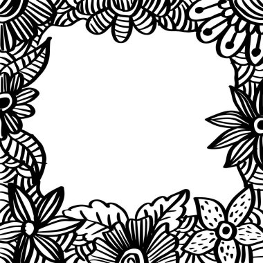 El Çizimi Çiçek Çerçeve Siyah beyaz.