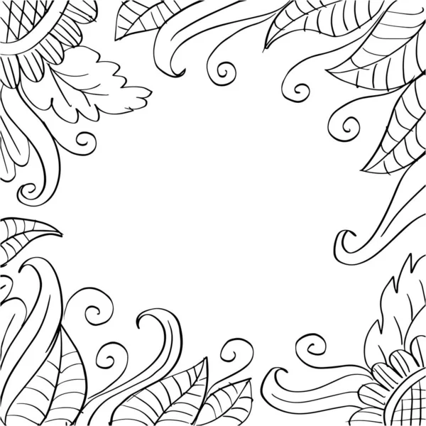 Handgetekend Bloemen Frame Zwart Wit — Stockvector