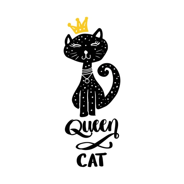 Kraliçe Kedi Yazısı Taçlı Siyah Kedi — Stok Vektör