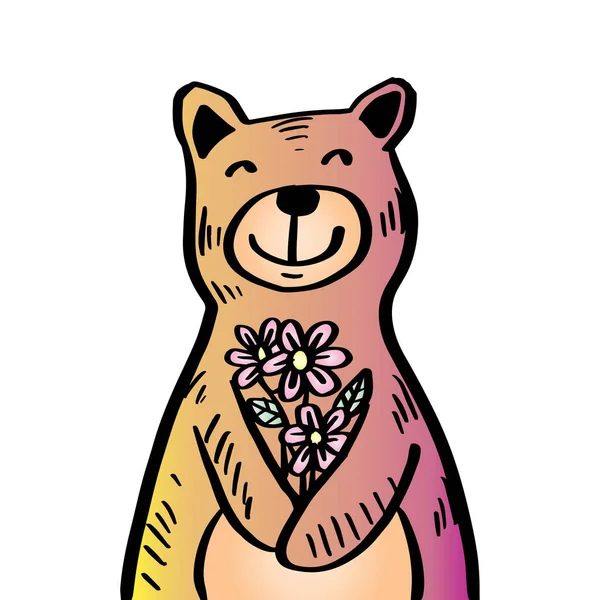 Urso Bonito Com Flor Desenho Mão Ilustração — Vetor de Stock