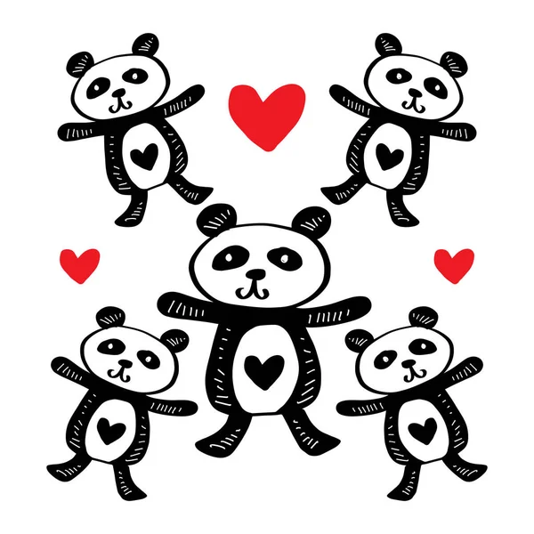 Poster Veya Tişört Tekstili Için Beş Sevimli Panda Karikatürü — Stok Vektör