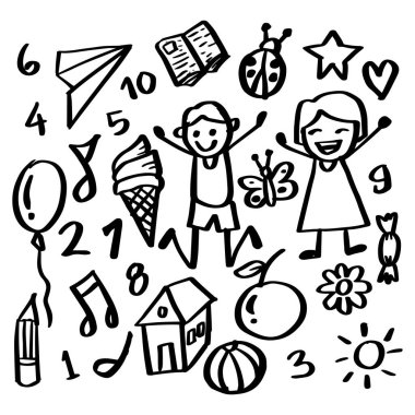 Çocuklar arka planda oynuyor. Doodle tarzı.