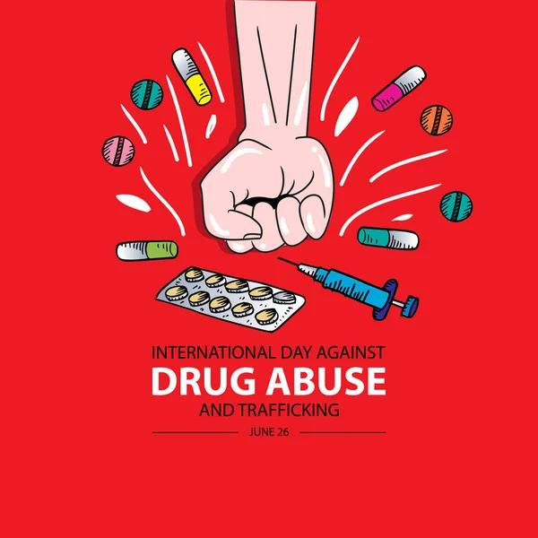 薬物乱用と不正取引のグラフィックに対する国際デー物質乱用ポスター 薬物アイコン テキスト ポスター — ストックベクタ