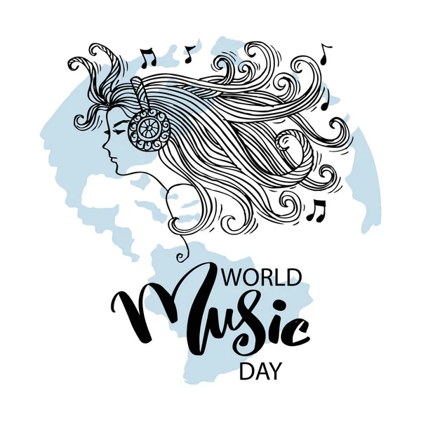 Journée Mondiale Musique Avec Une Fille Écoutant Musique Avec Des — Image vectorielle