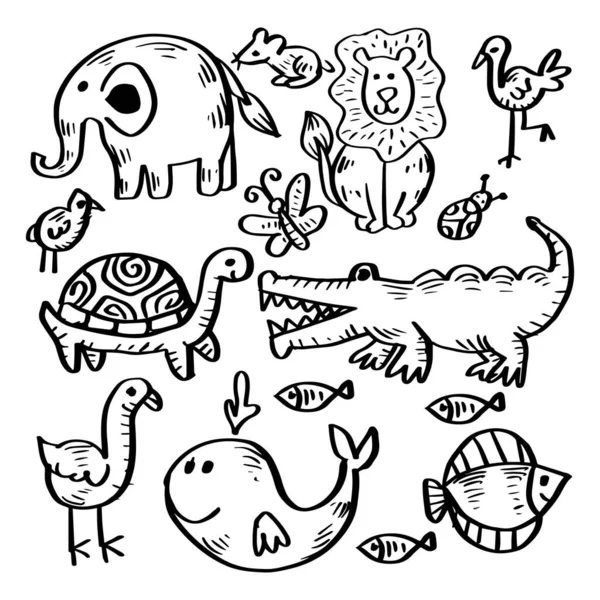 Esboço Doodle Conjunto Animal Bonito —  Vetores de Stock