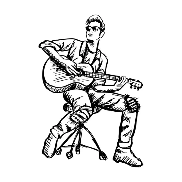 Croquis Musicien Assis Jouant Guitare Acoustique — Image vectorielle