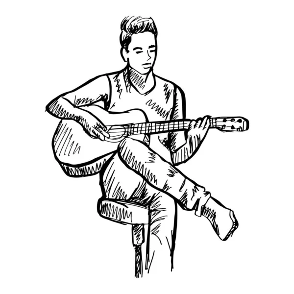 Sketch Sitting Musician Playing Acoustic Guitar — Stock Vector