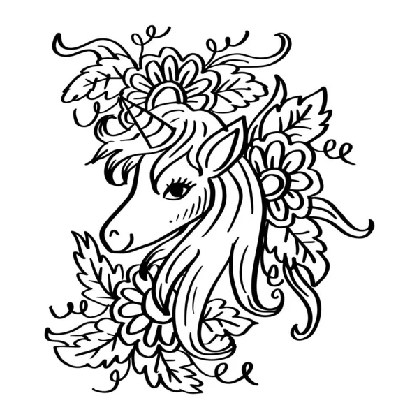 Bosquejo Cabeza Unicornio Dibujado Mano Con Adorno Floral — Vector de stock