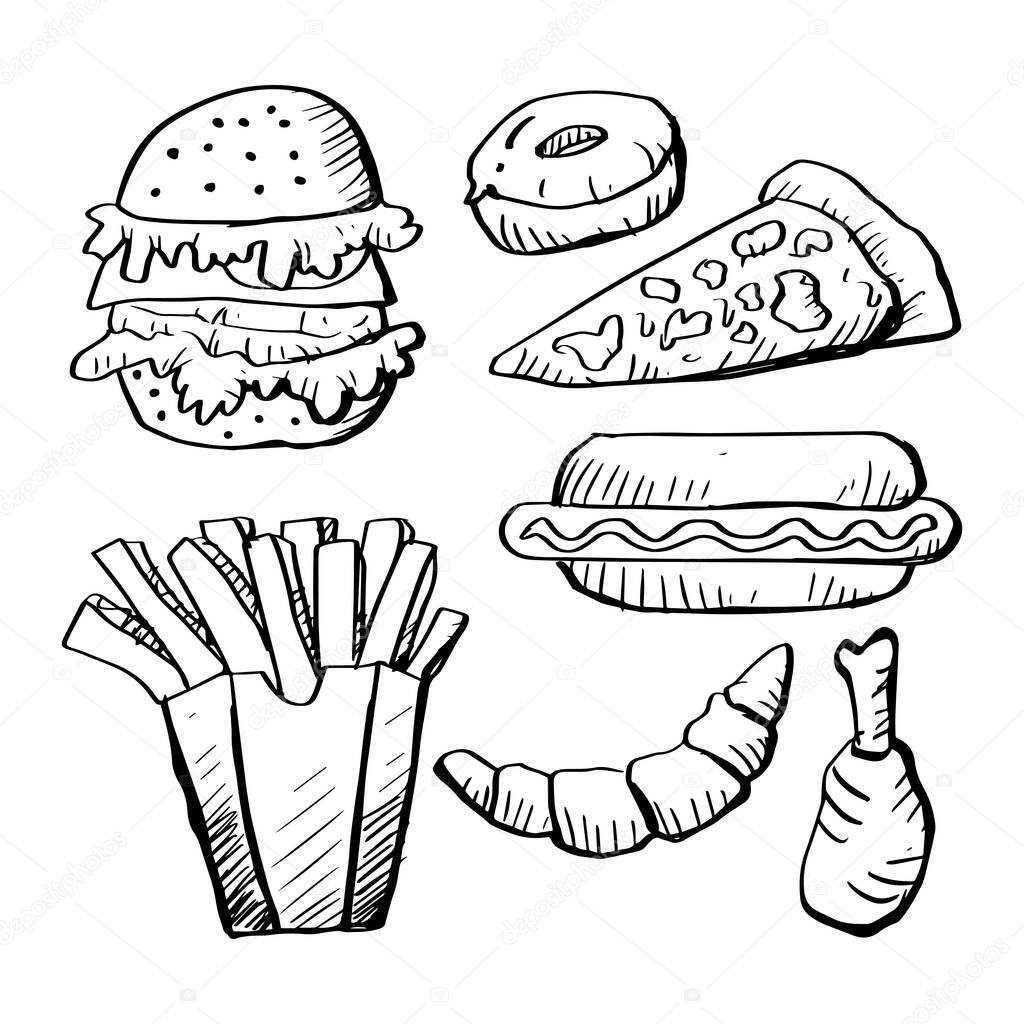 Hand drawing fast food icon set