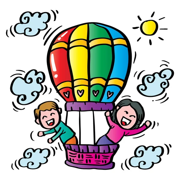 Hot Air Balloon Cute Boy Girl Travelling — Stock Vector