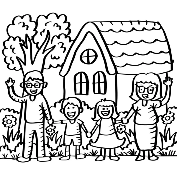 Dibujos Animados Familia Feliz Pie Casa Delantera — Vector de stock