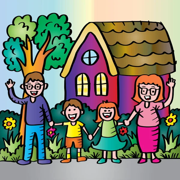 Dibujos Animados Familia Feliz Pie Casa Delantera — Vector de stock