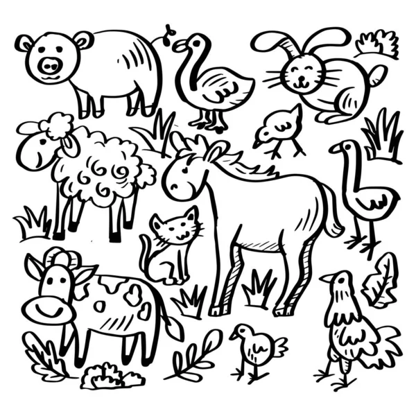 Fazenda Animais Doodle Conjunto Preto Branco —  Vetores de Stock